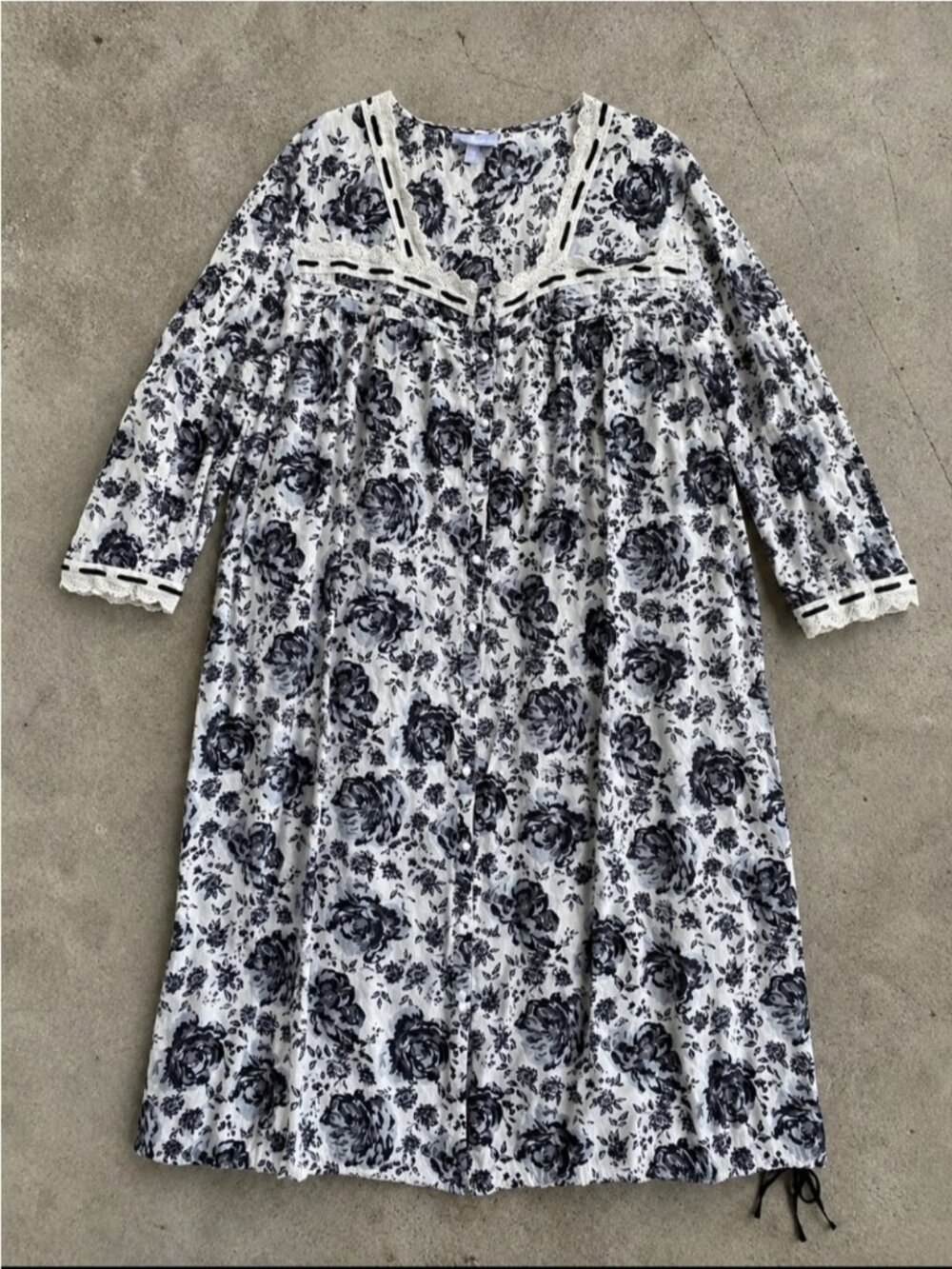 Only Necessities Floral Cotton Button Front Nightgown 3X White Black Lace Trim